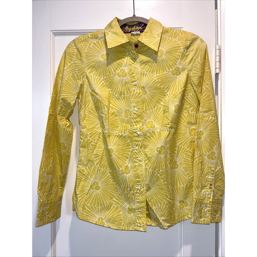Boden Women's Shirt 2 Button Down Bright Yellow White Floral Dress Long Sleeve